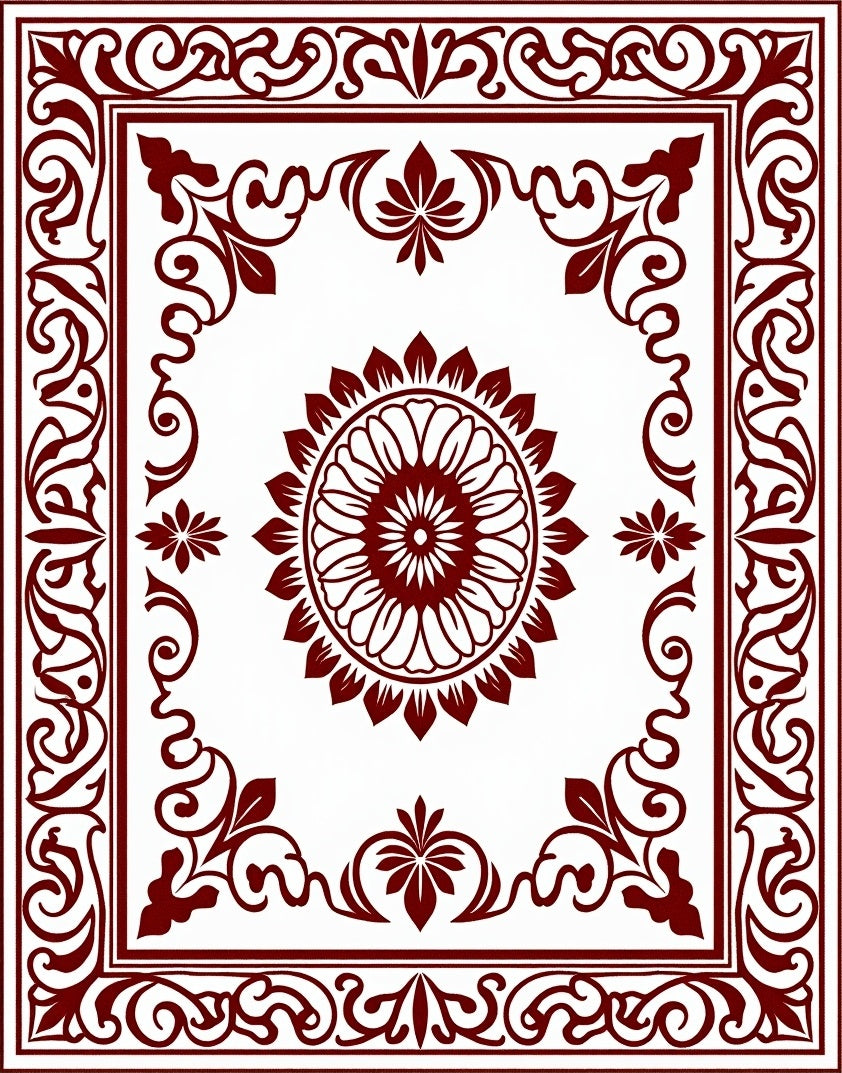 Deep Red Floral Medallion Border Rug