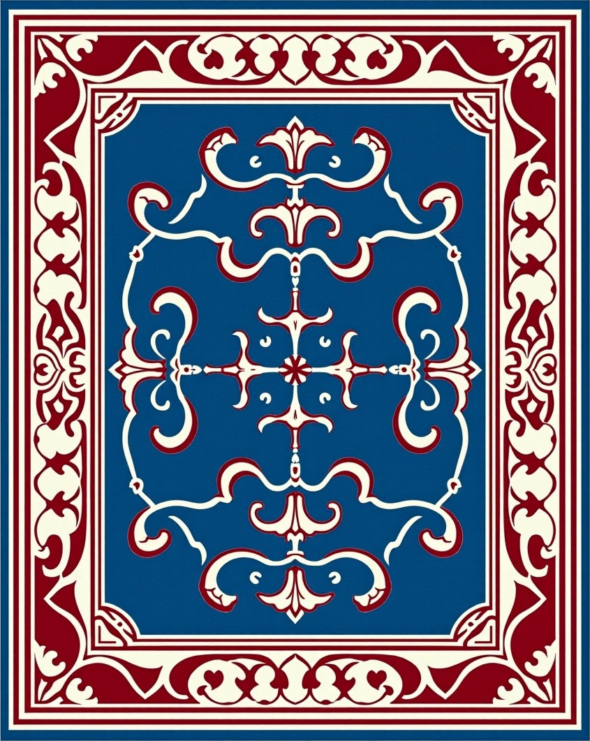 Crimson White Blue Ornate Medallion Rug