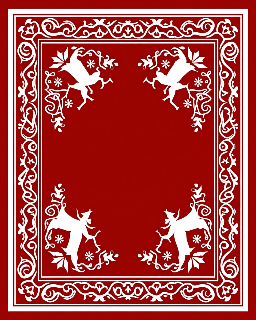 Festive Red Animal Scrollwork Corners Rug