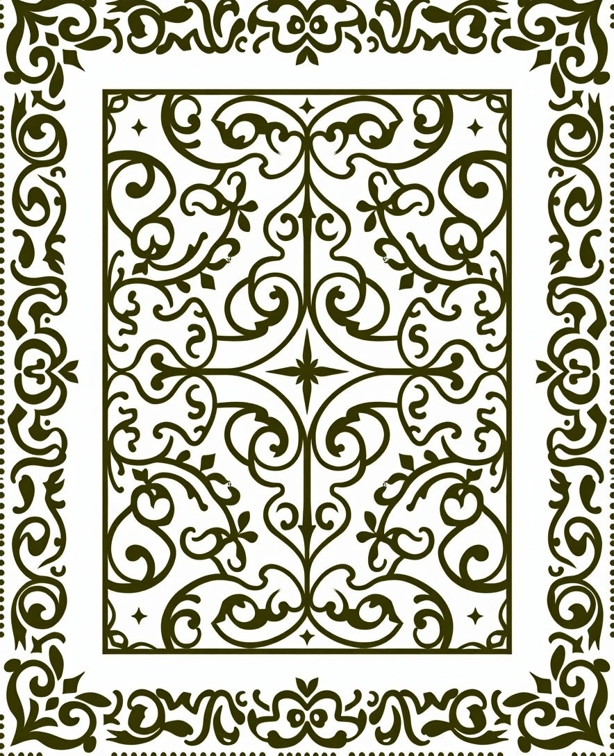 Dark Green Ornamental Courtly Scrolls Rug