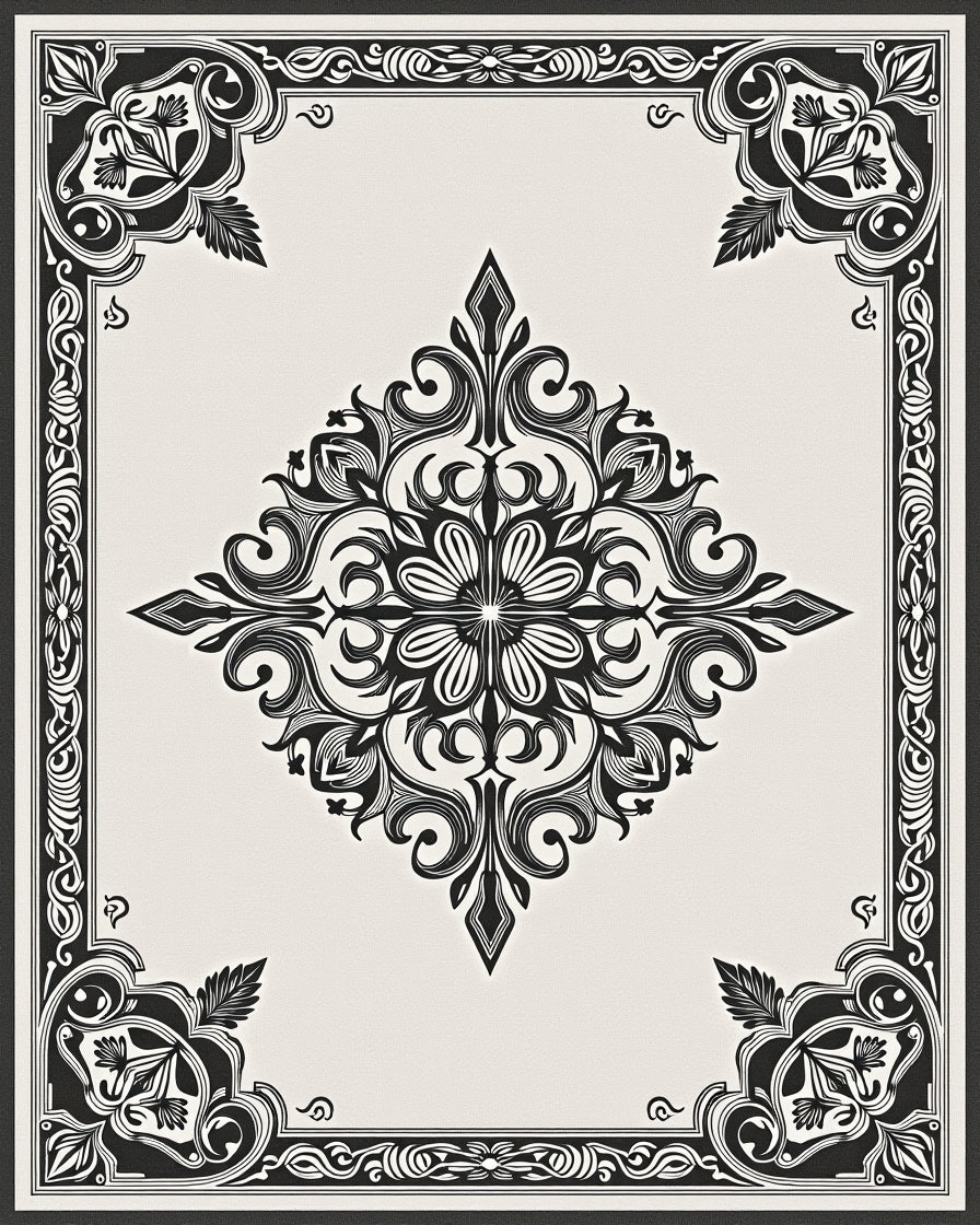 Ornate Ivory and Black Floral Medallion Rug