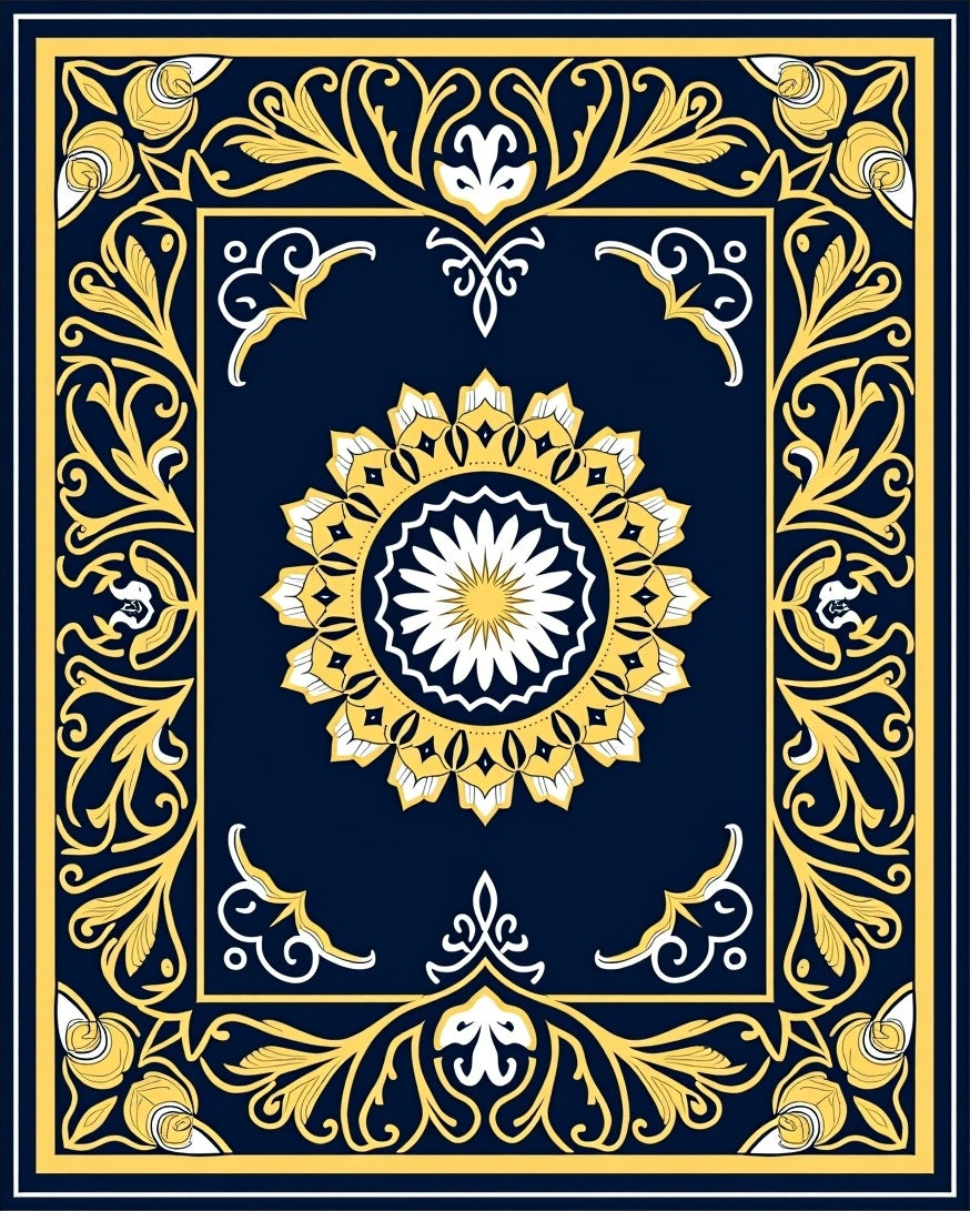 Deep Blue Floral Medallion Border Rug