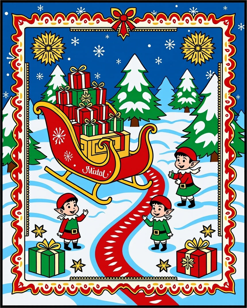Jolly Christmas Scene with Elves and Sleigh Rug