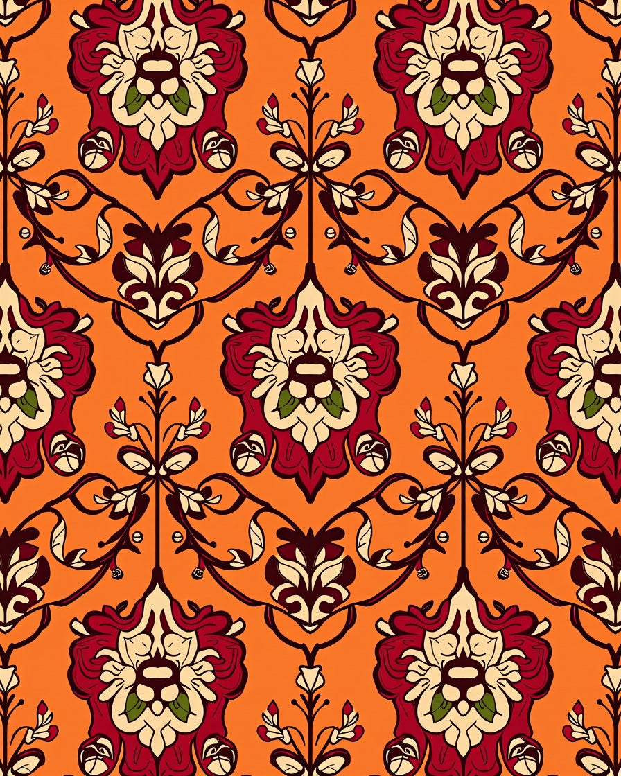 Crimson Floral Vine Damask Rug