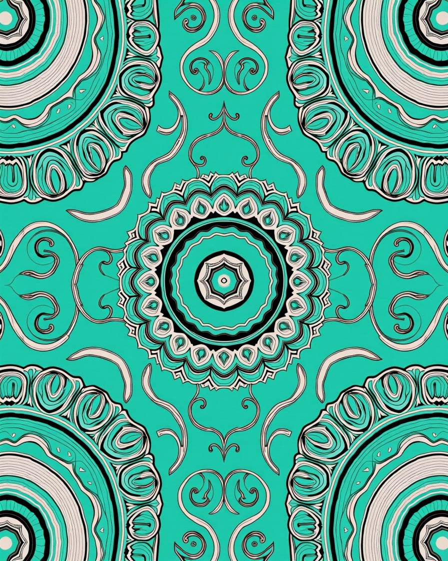 Teal Medallion Black and Cream Whimsical Rug