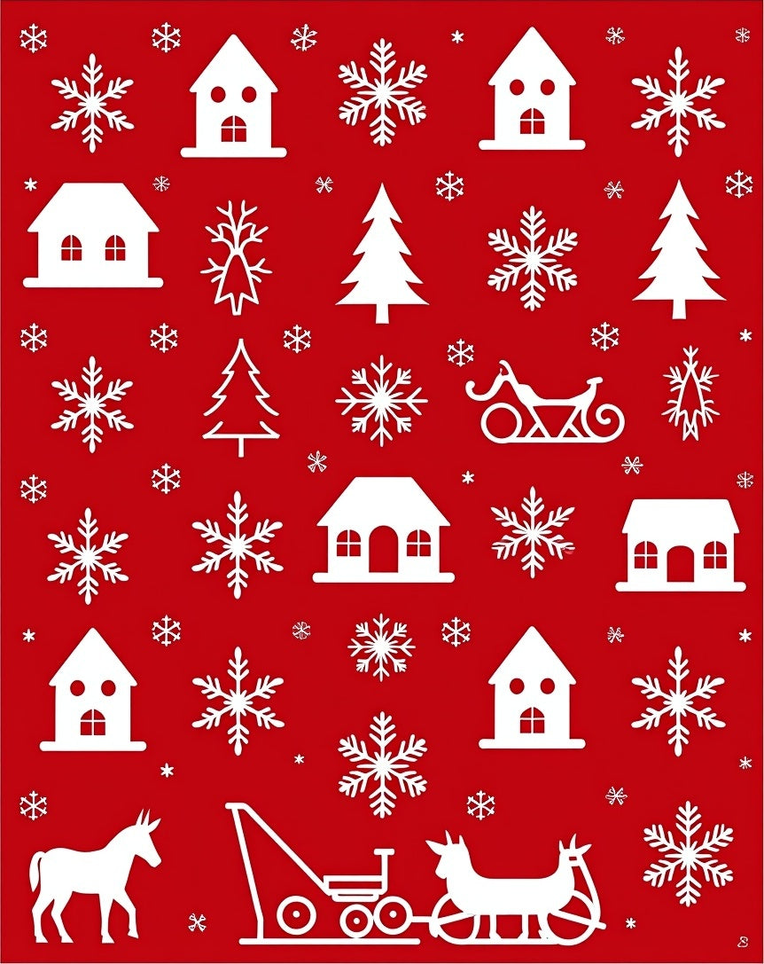 Red and White Winter Village Snowflakes Rug