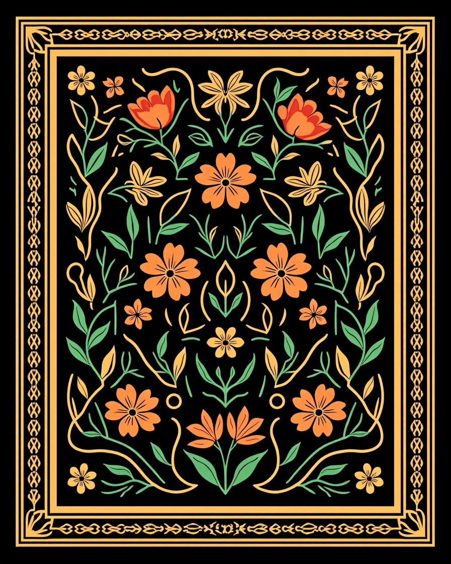 Orange Floral Vine Border Rug