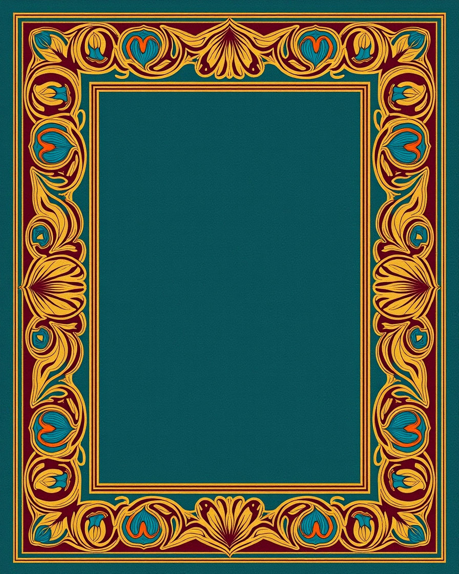 Art Nouveau Teal Floral Border Rug