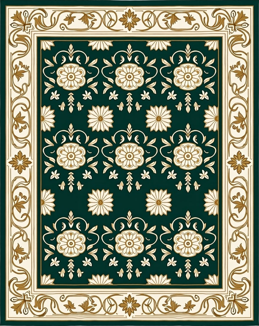 Deep Green Floral Ornate Border Rug