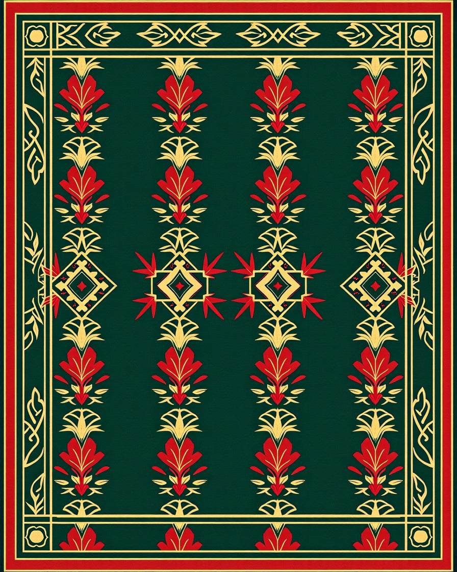 Emerald Red Golden Floral Medallion Rug