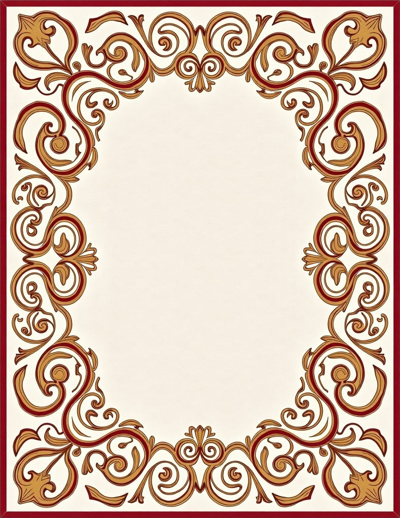 Ornate Crimson Golden Scrollwork Border Rug