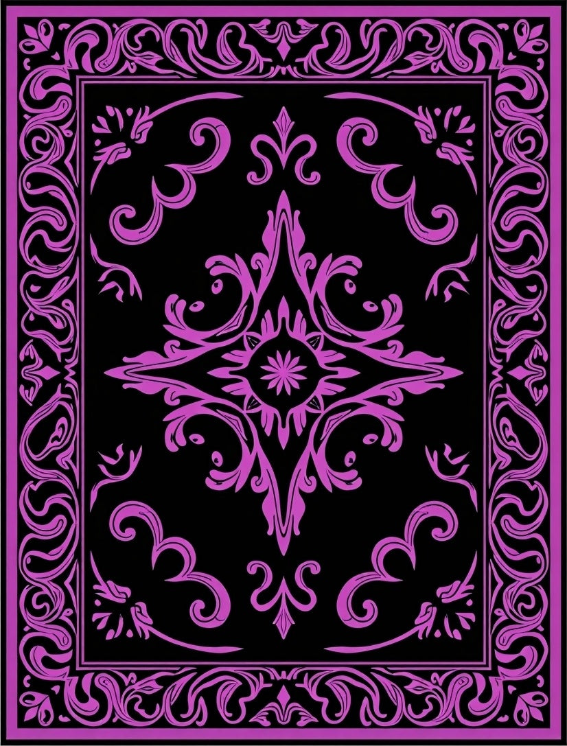 Purple Black Vintage Floral Border Rug