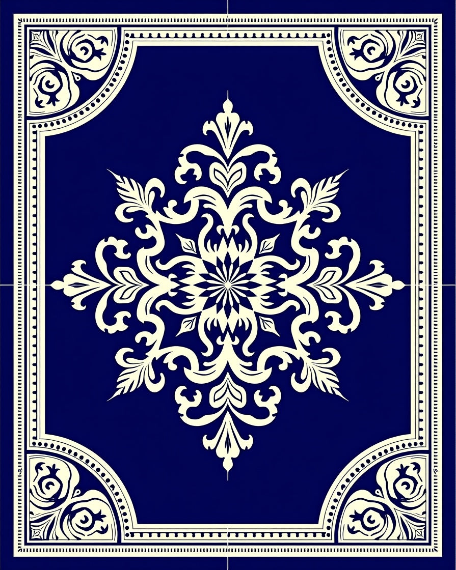 Deep Blue Cream Medallion Border Rug