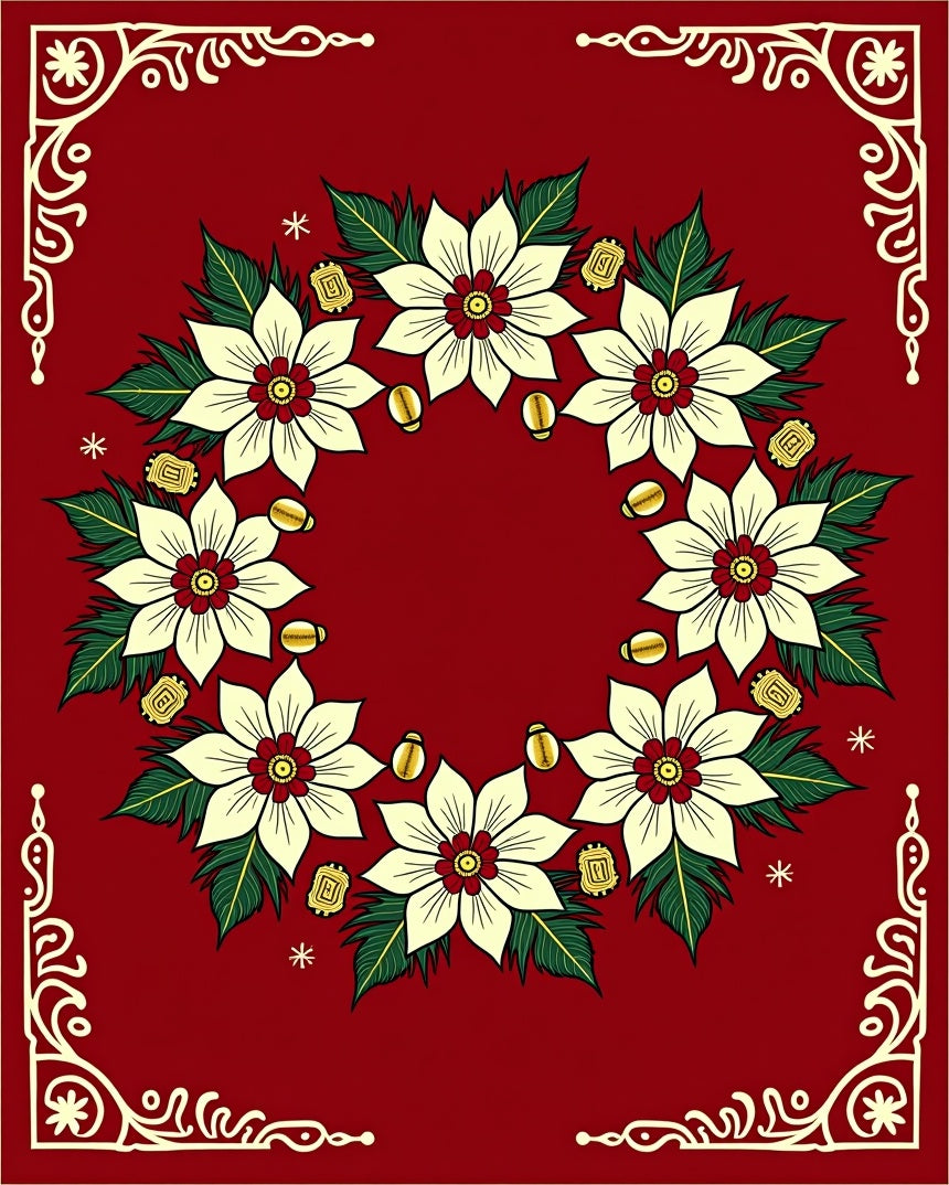 Cream Poinsettia Wreath Red Border Rug