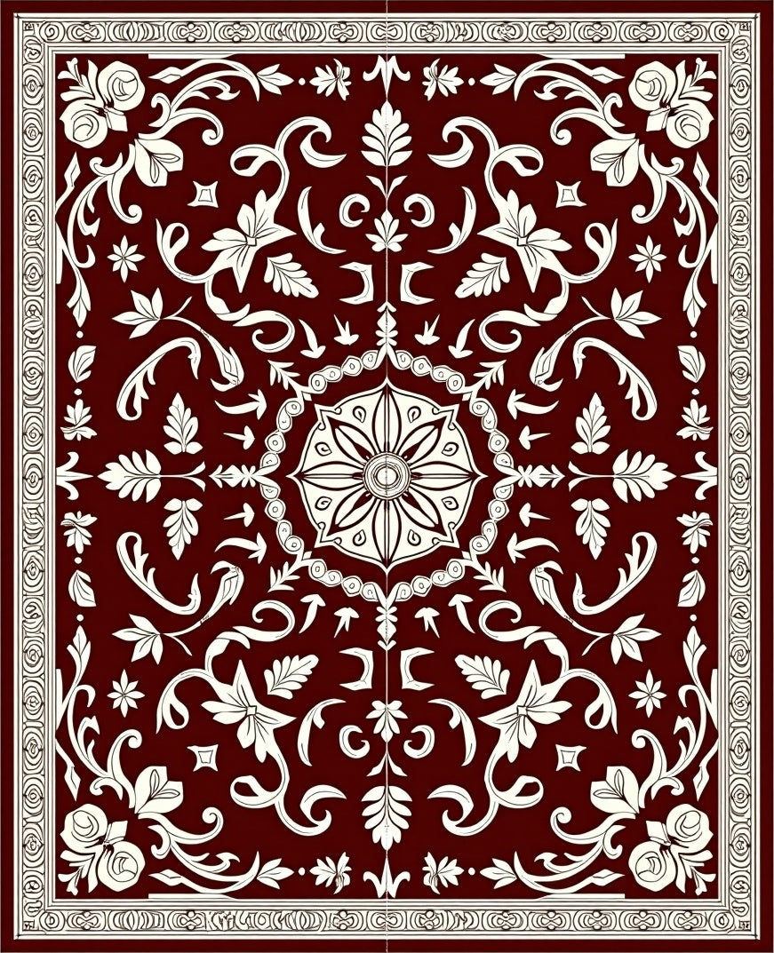Crimson Ivory Floral Scroll Medallion Rug