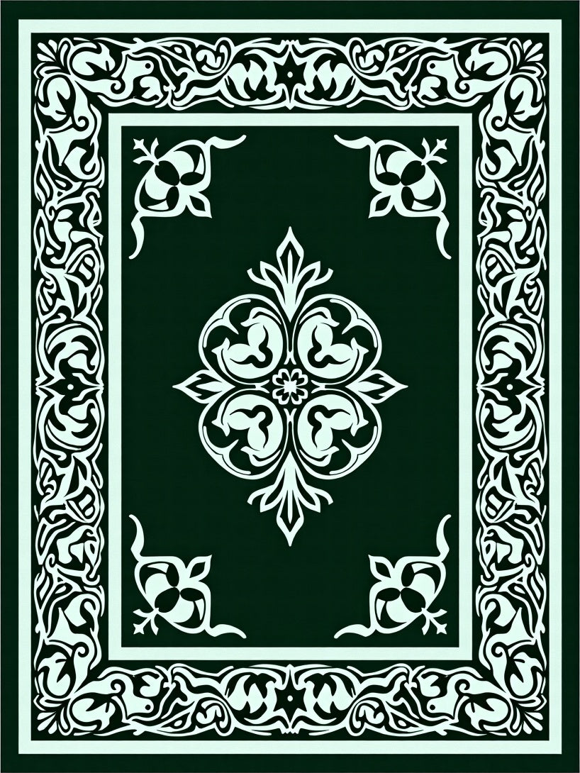 Ornate Dark Green White Medallion Border Rug