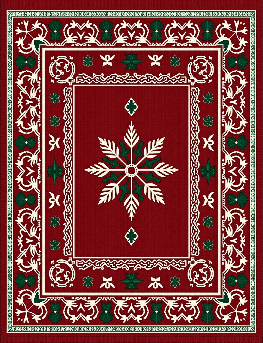 Crimson White Green Snowflake Medallion Rug