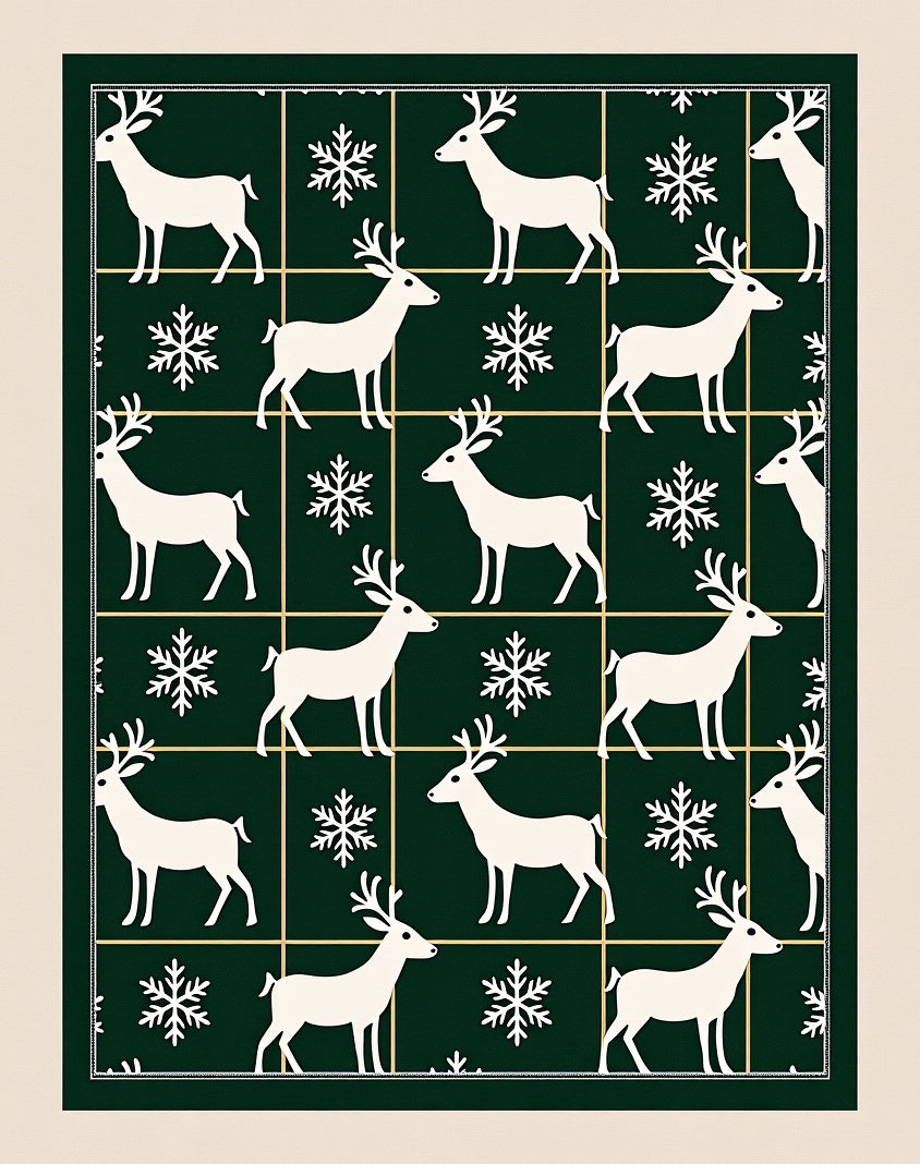 White Deer Snowflake Grid Dark Green Rug