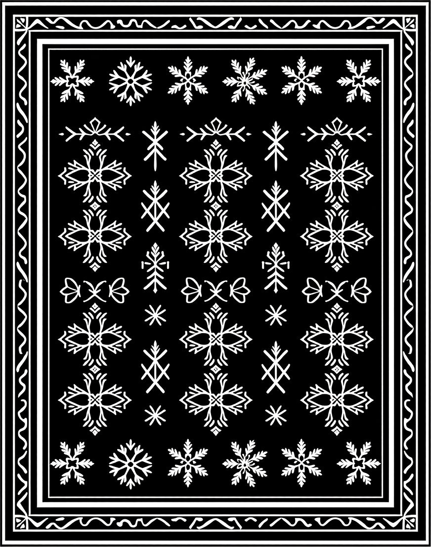 White Snowflake Folk Art Border Rug