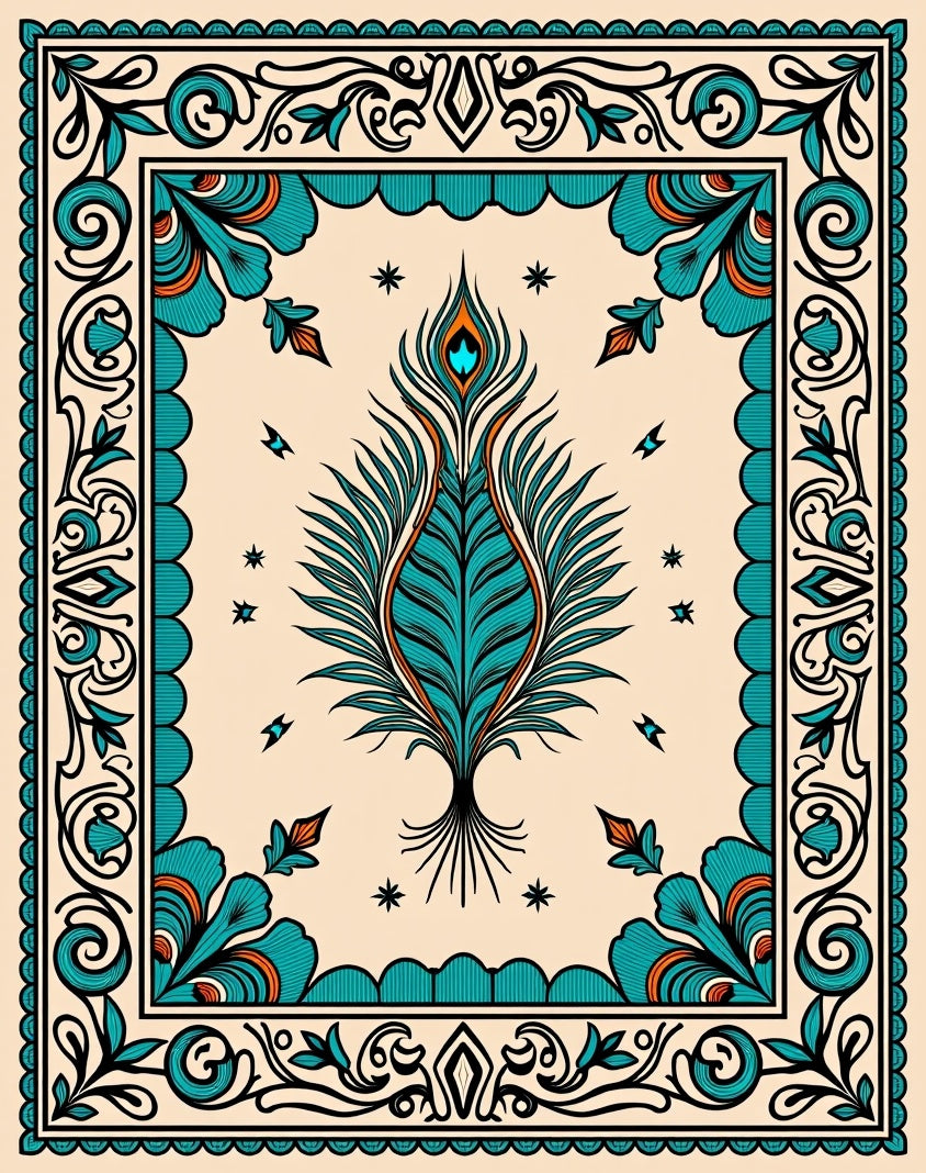 Teal Peacock Feather Floral Square Rug