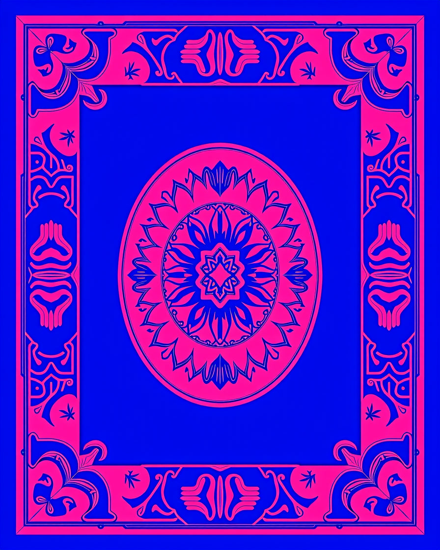 Bold Pink Floral Mandala Blue Frame Rug