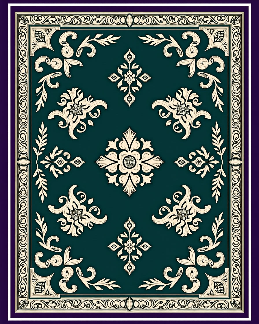 Deep Teal Ivory Medallion Floral Border Rug