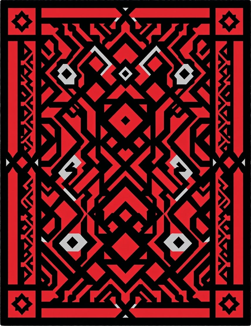 Bold Red Black Geometric Labyrinth Rug