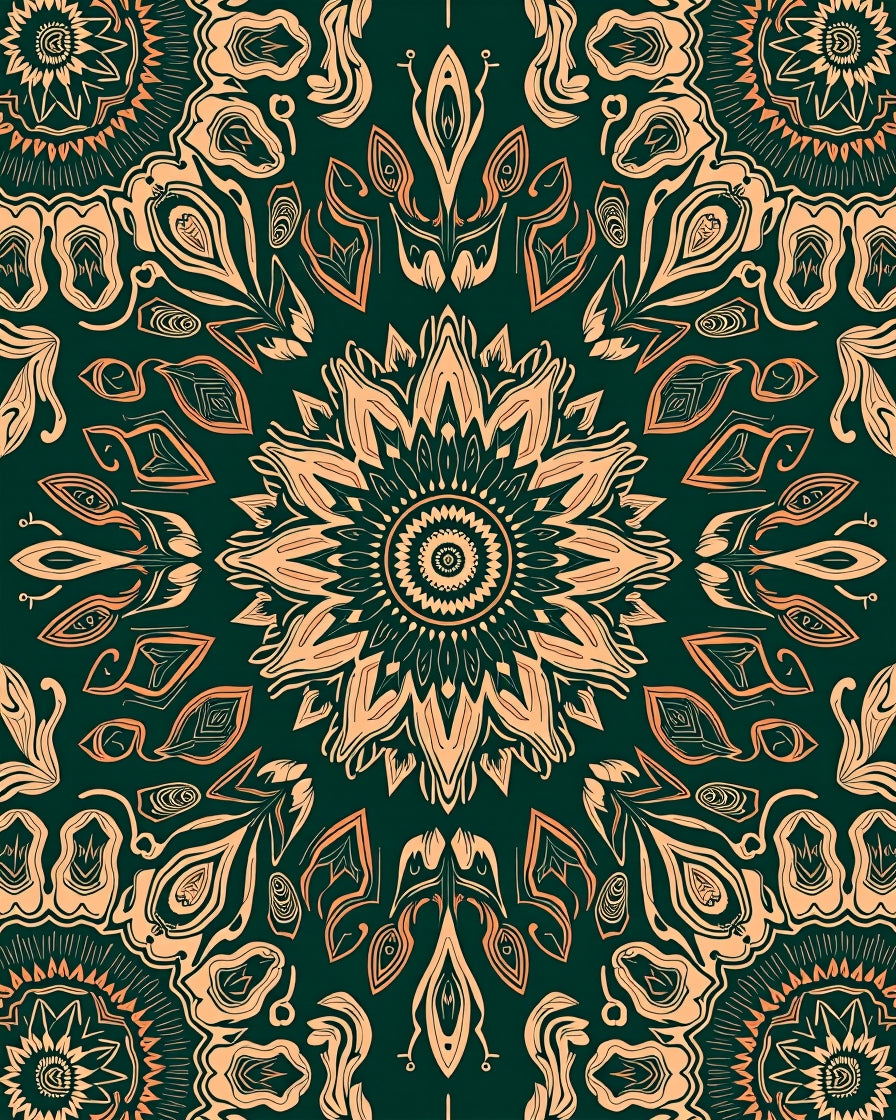 Dark Teal Golden Floral Mandala Rug