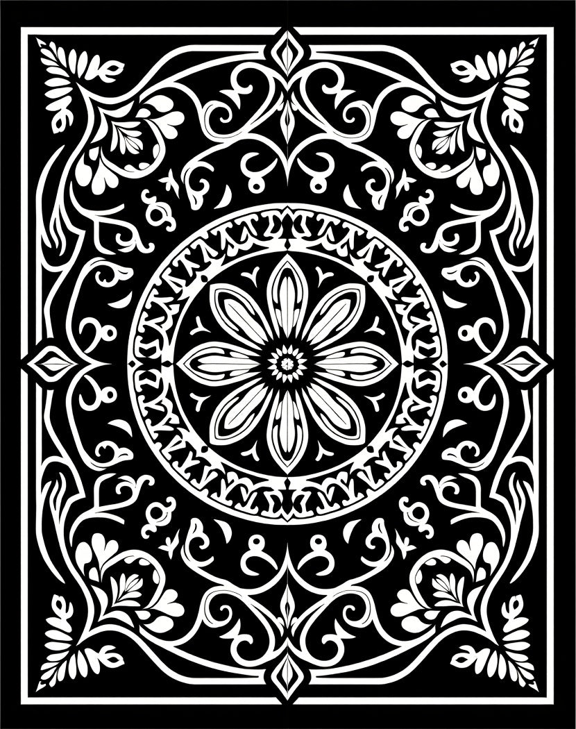 Elegant Black and White Floral Mandala Rug