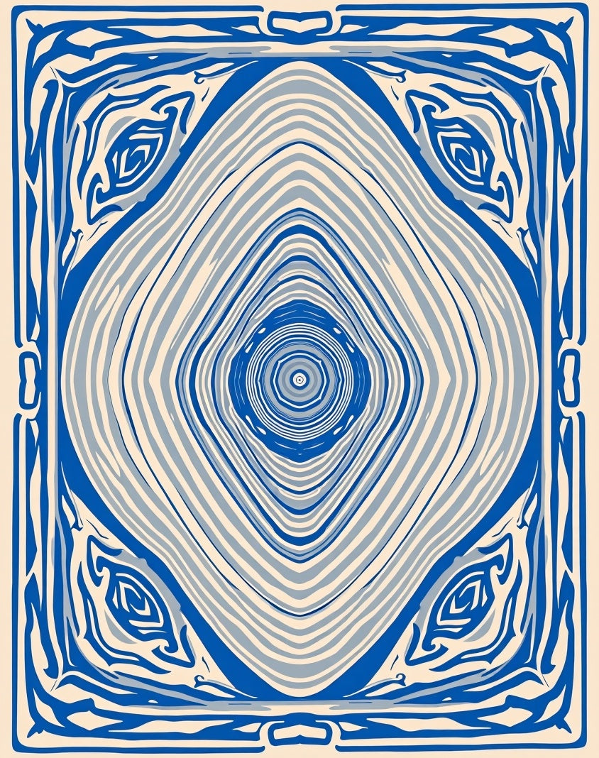 Blue Ivory Concentric Square Abstraction Rug