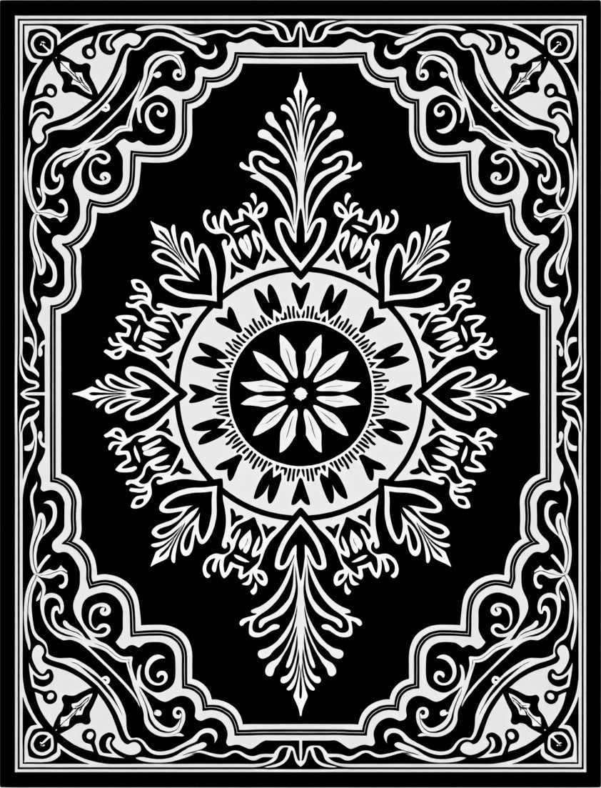 Intricate White Black Foliate Panel Rug