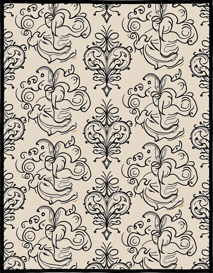 Cream Black Floral Scroll Accents Rug