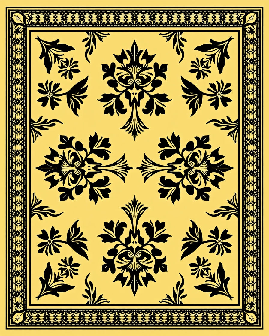 Golden Black Baroque Floral Medallion Rug
