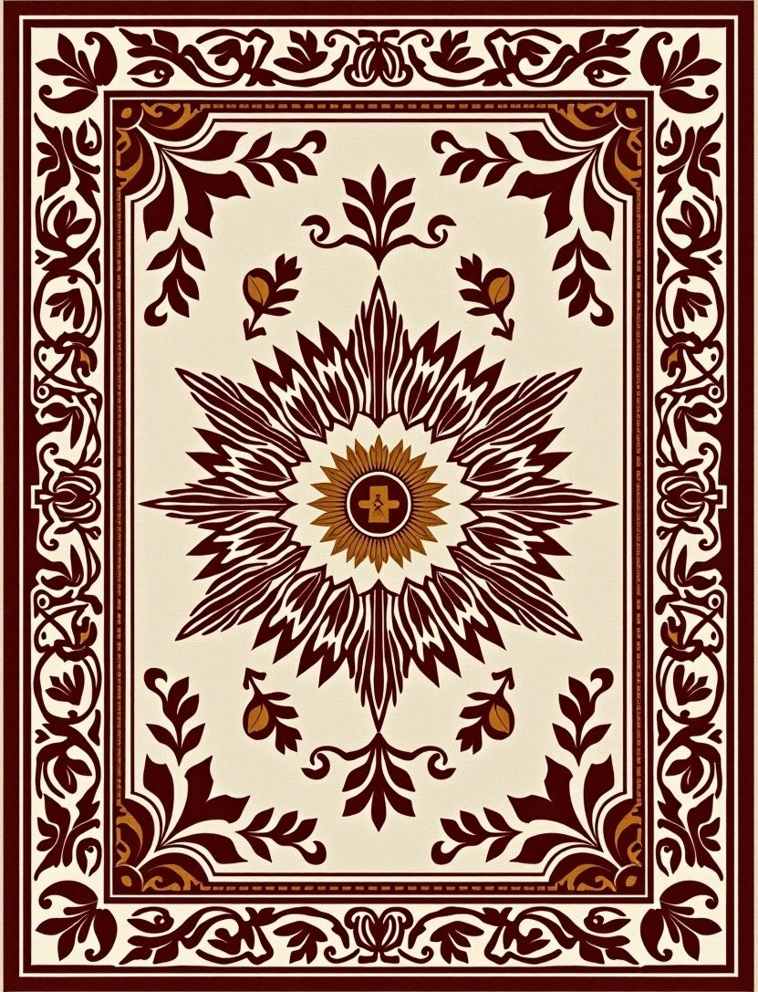 Crimson Floral Sunburst Border Rug