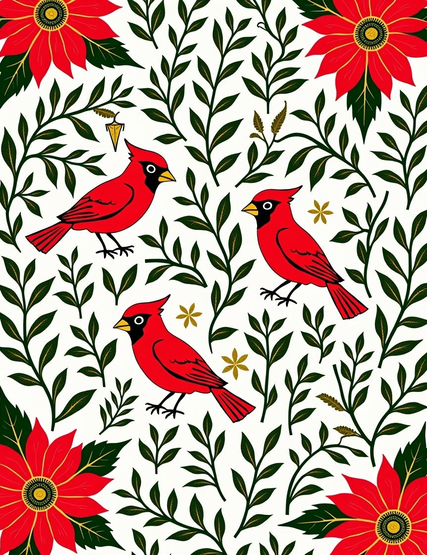 Crimson Cardinal Poinsettia Garden Scene Rug