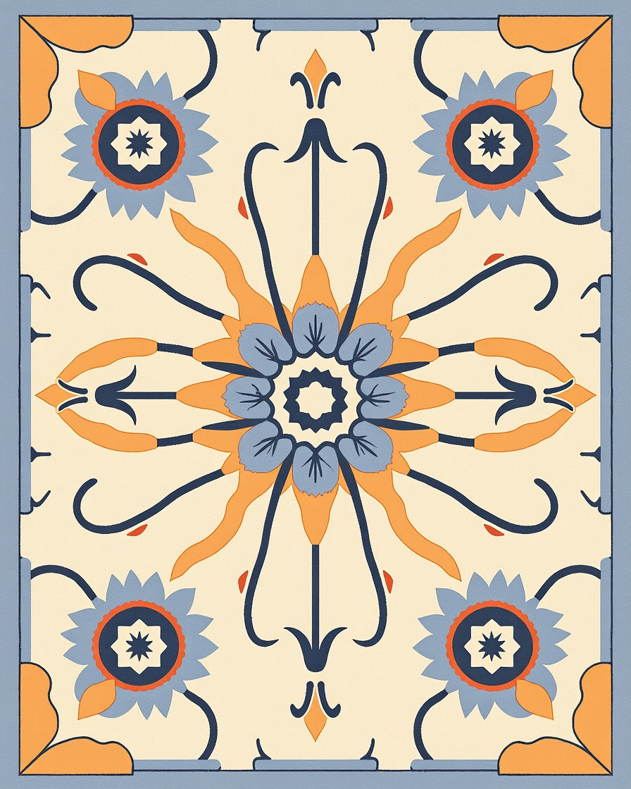 Retro Orange Blue Floral Medallion Rug