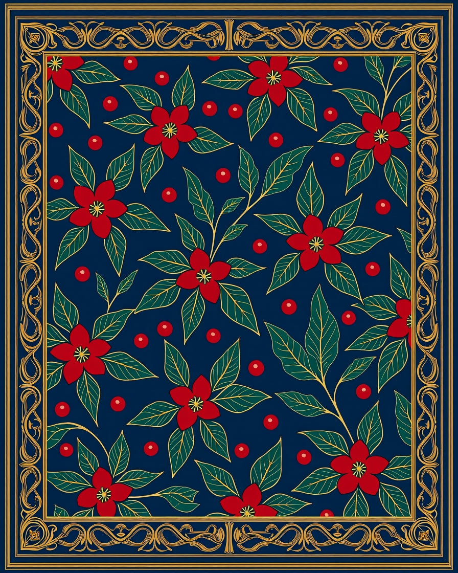 Red Poinsettia Blue Floral Border Rug