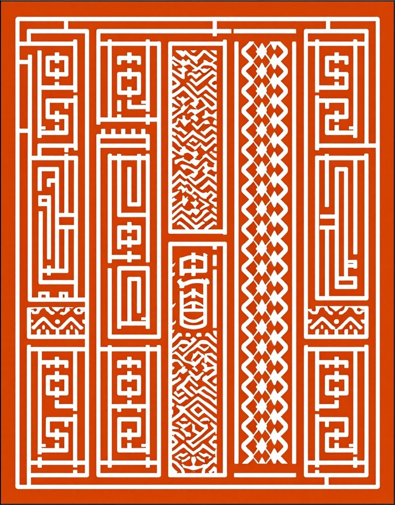 Red White Geometric Maze Panel Rug