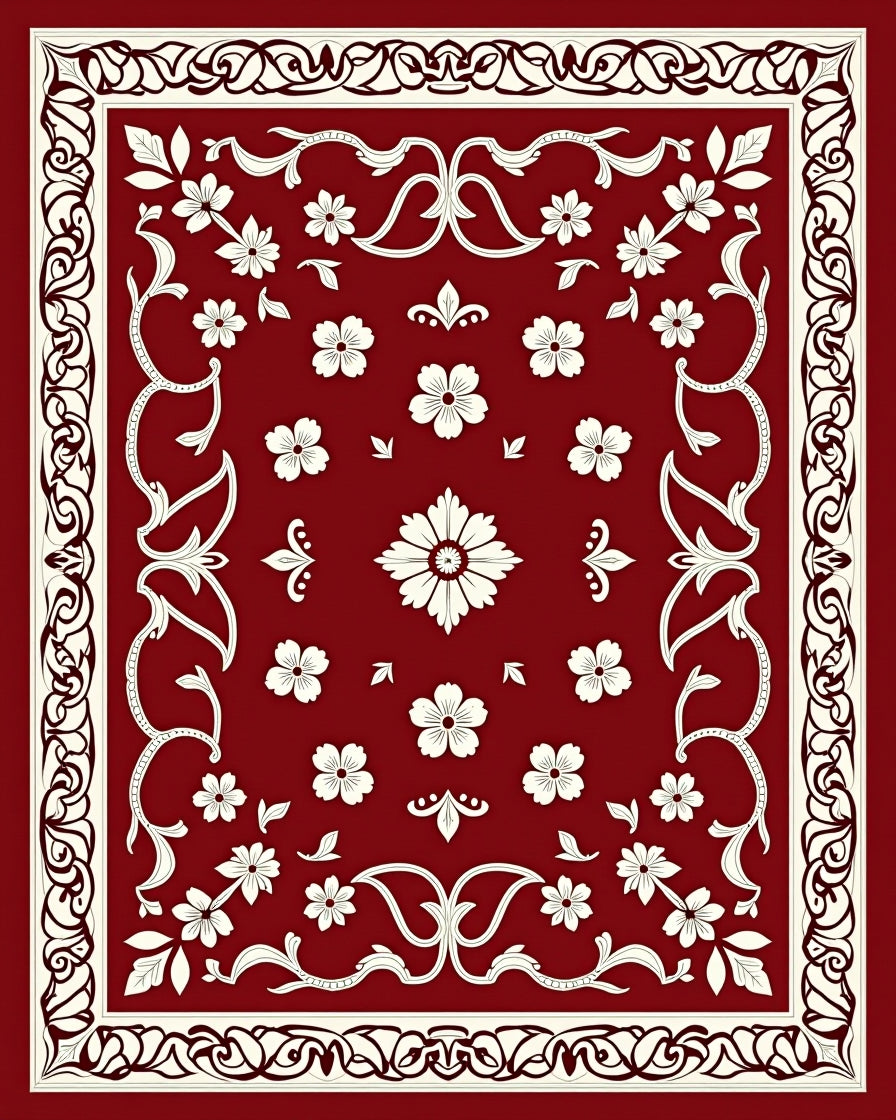 Crimson Ivory Floral Vine Medallion Rug