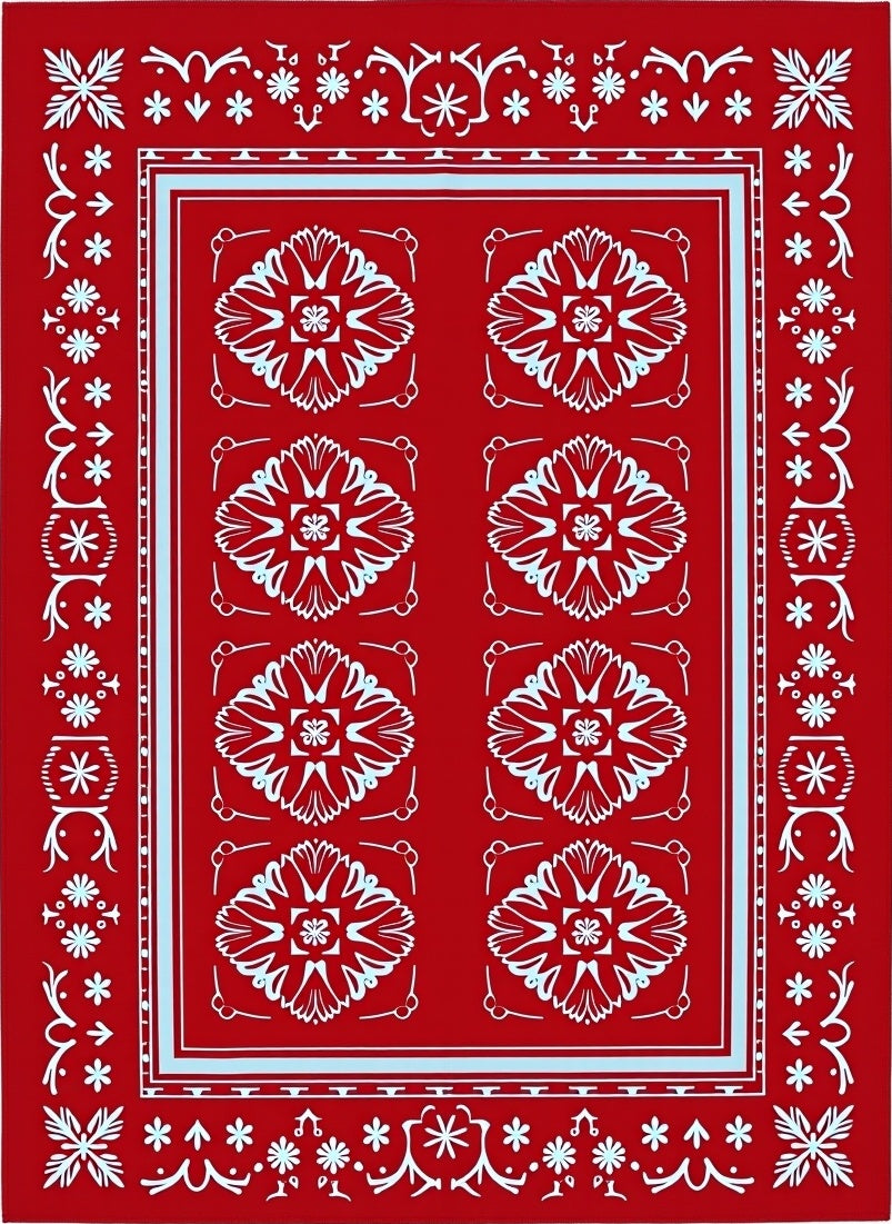 Vibrant Red Floral Medallion Border Rug