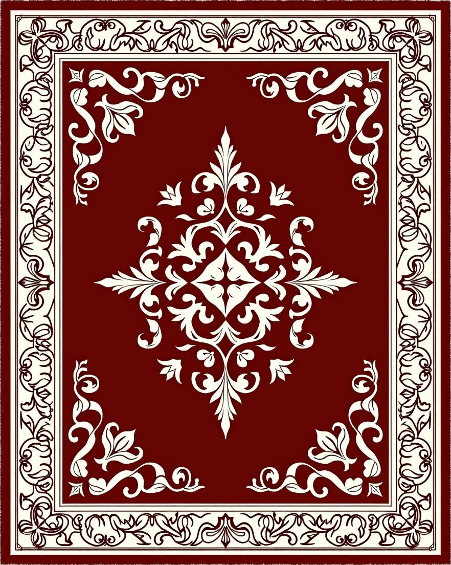 Rich Crimson Baroque Swirl Borders Rug