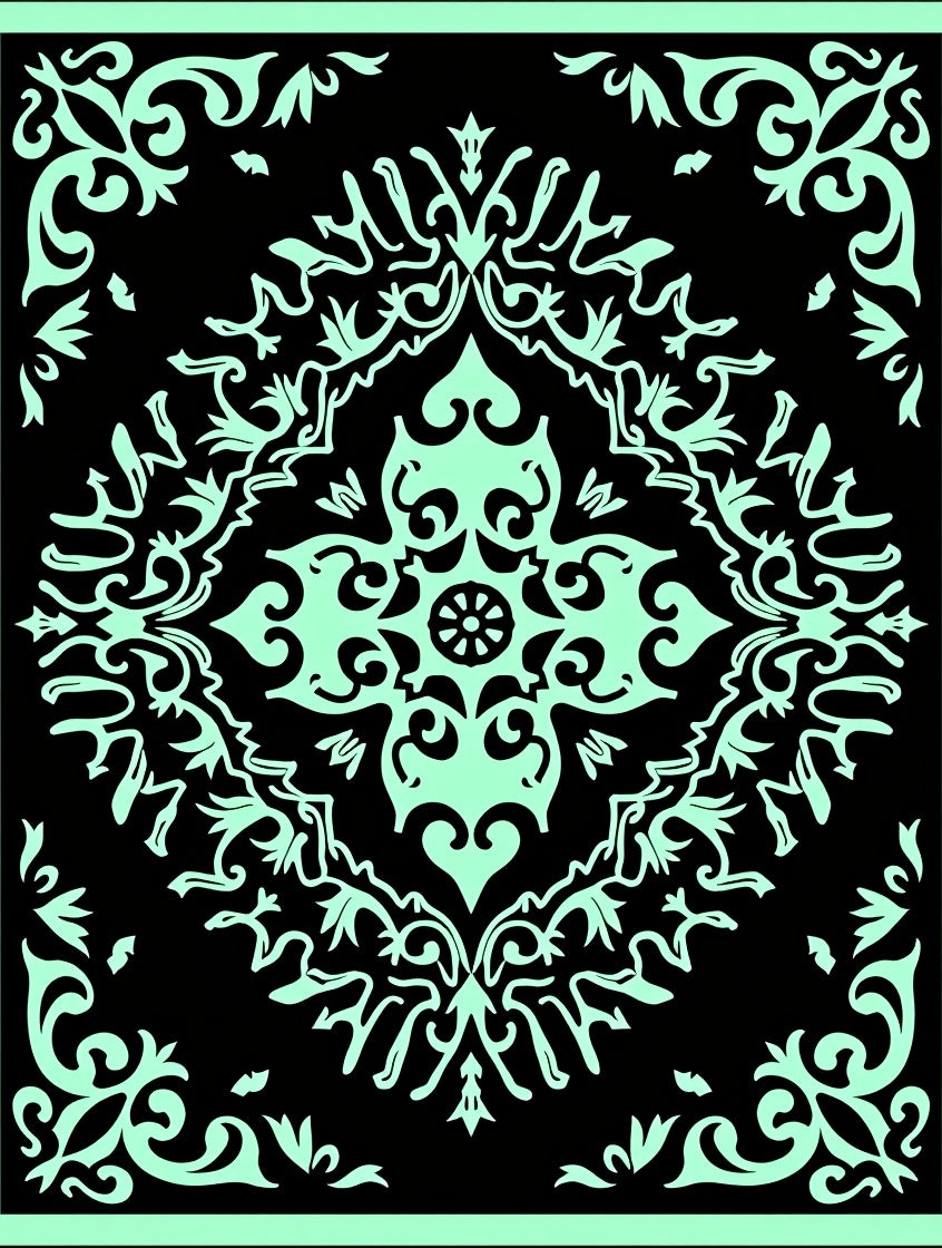 Aquamarine Black Scrollwork Medallion Rug