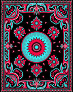Bold Crimson Teal Floral Frame Rug