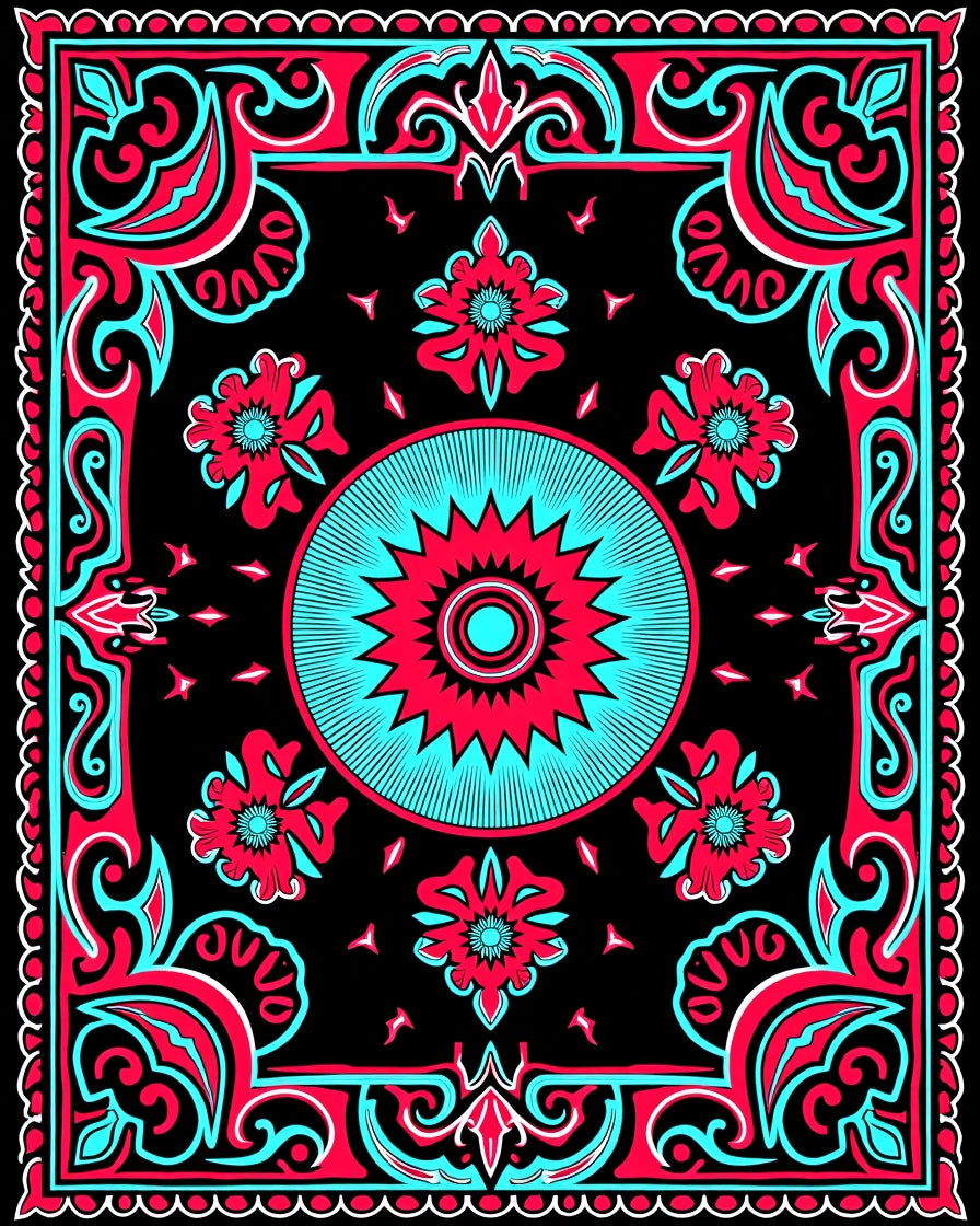 Bold Crimson Teal Floral Frame Rug