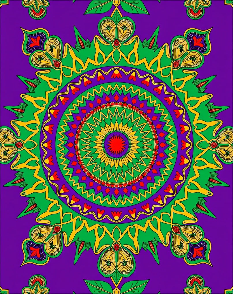 Vibrant Purple Green Medallion Art Rug