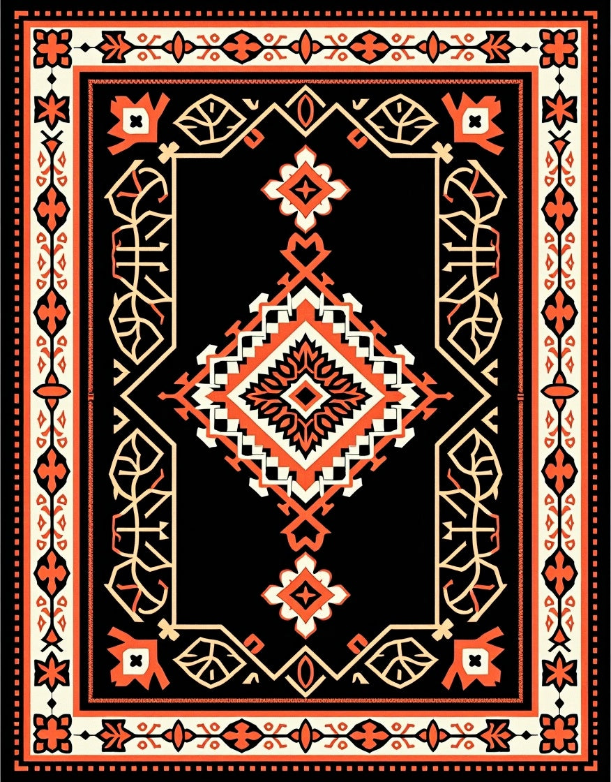 Bold Orange Black Geometric Medallion Art Rug
