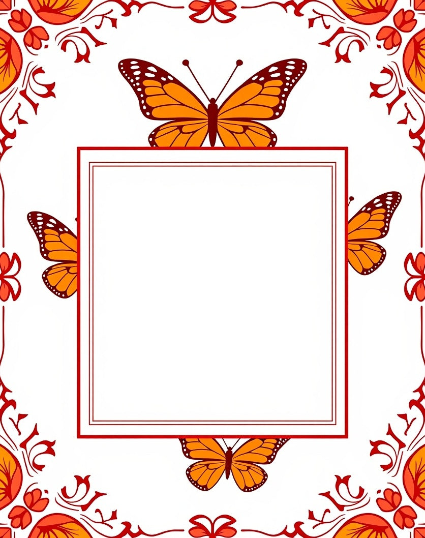 Orange Butterfly Red Bordered Frame Rug