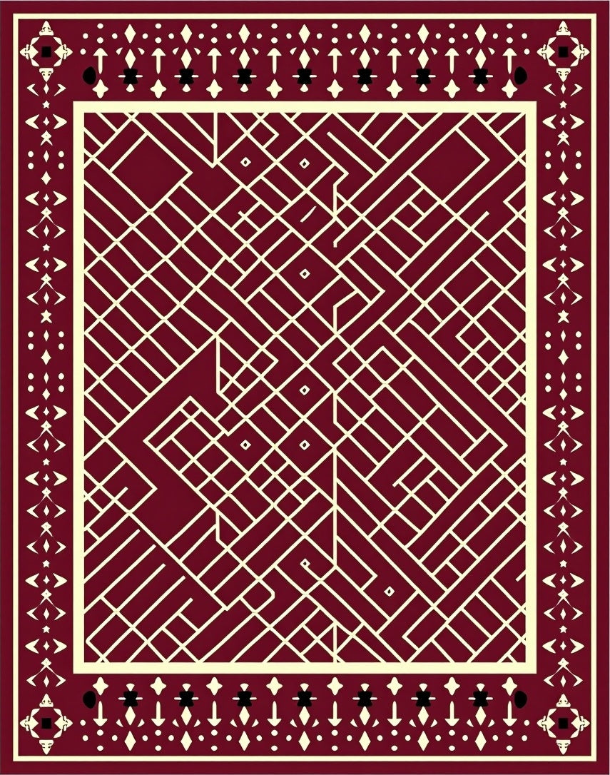 Crimson Geometric Overlay Cream Border Rug