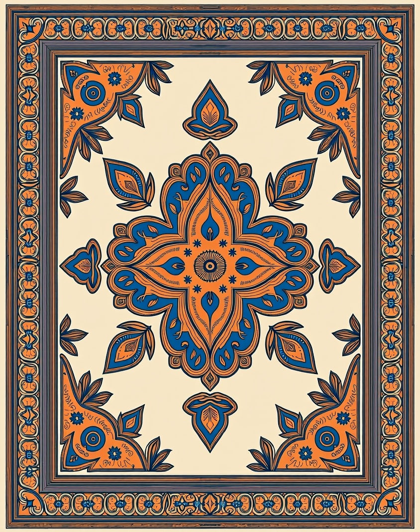 Grand Orange Blue Medallion Border Rug