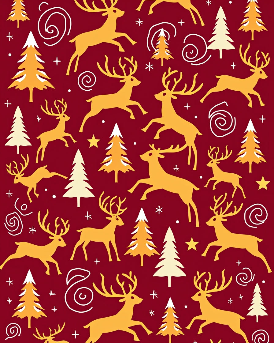 Golden Deer Christmas Trees Red Field Rug